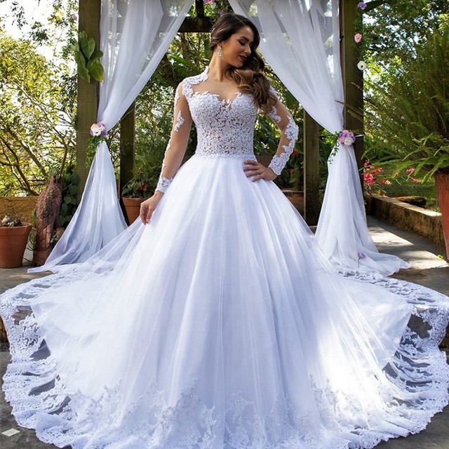 Vestidos de casamento moderno princesa vestido de baile mangas completas  ilusão tule voltar vestido de noiva